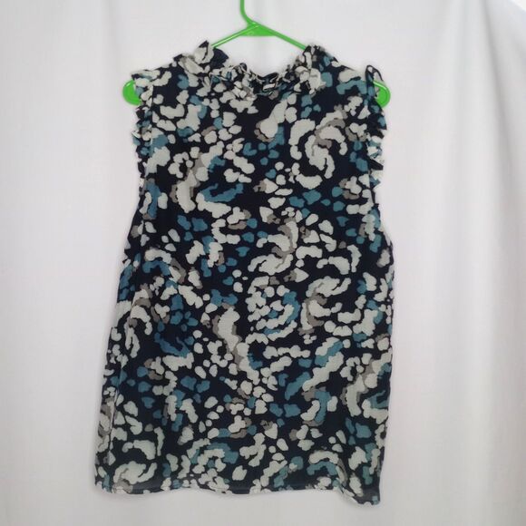 ⭐ Loft Abstract V-neck Sleeveless Silk Blend Blouse Ruffle Lightweight Lined Lge - Picture 2 of 7